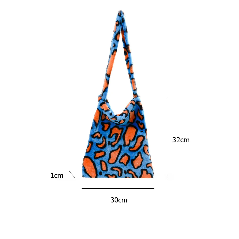 Female Animal Pattern Shoulder Bag Colorful Fluffly Top-handle Shopping Handbags