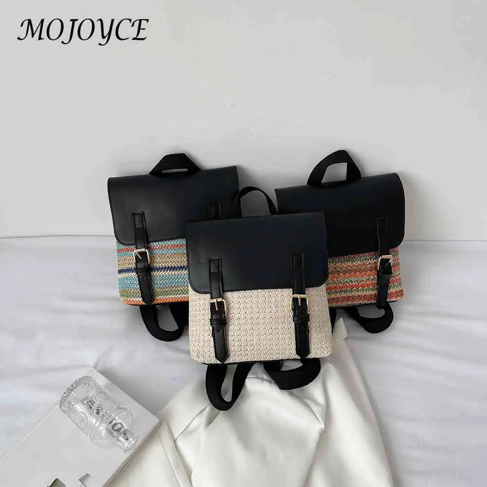 Straw PU Leather Vintage Female Backpack Pack Daypack Student Bag