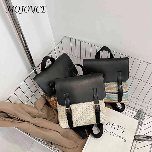 Straw PU Leather Vintage Female Backpack Pack Daypack Student Bag