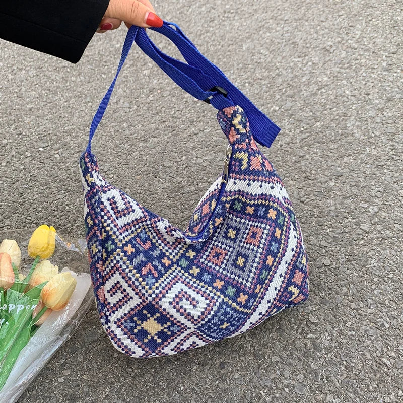 Ethnic Canvas Shoulder Bag Small Tote BoHo Beach Crossbody Bag