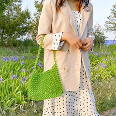Vintage Green Beaded Single-Shoulder Bag Clear Style Tote Handbag