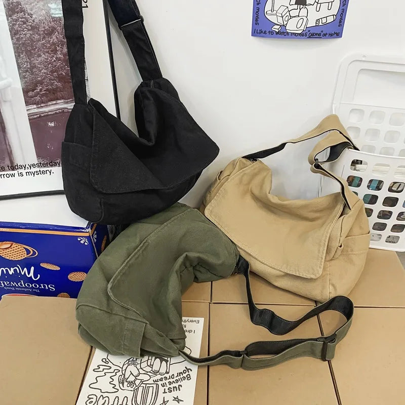 Female Canvas Hobo Shoulder Bag Y2K Student Leisure Medium Size