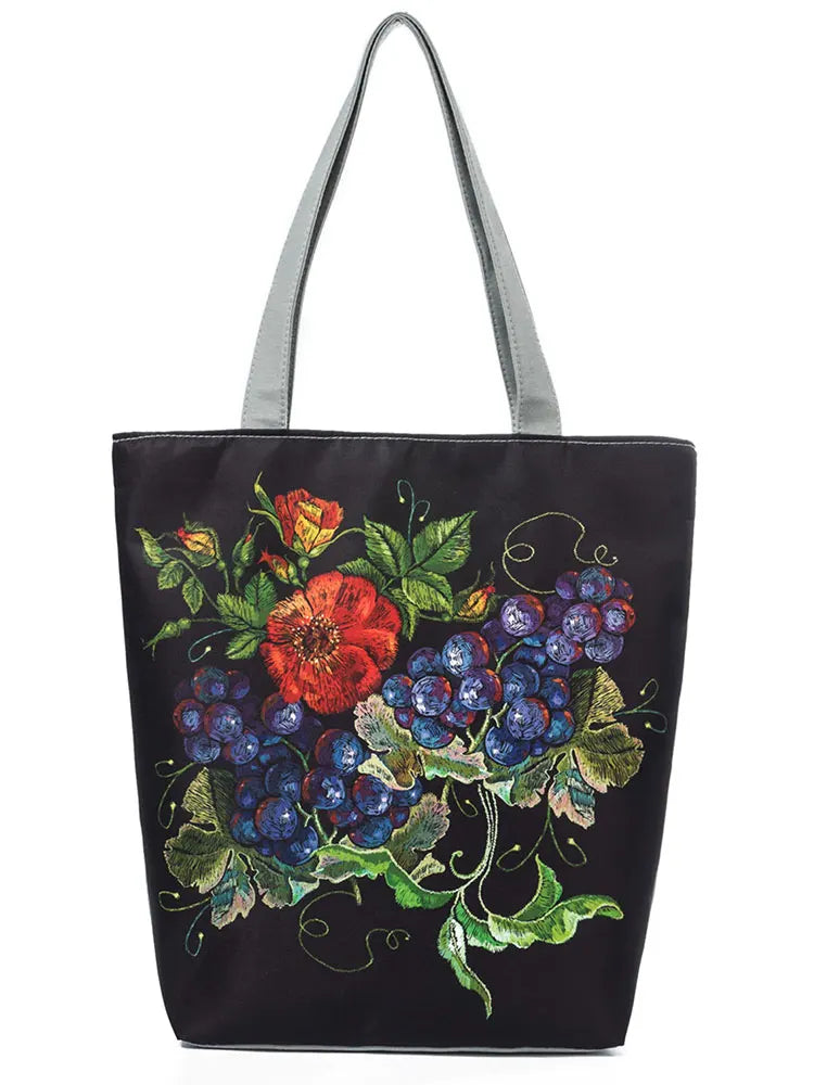 Colorful Embroidery Floral Bird Lady Shoulder Bag Eco Tote