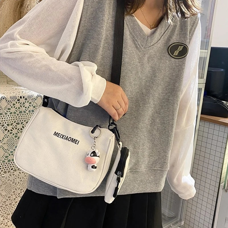Women's Canvas Shoulder Bags with Mini Purse Pendant, Crossbody Bags 2pcs Set
