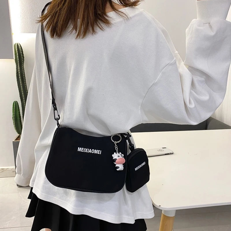 Women's Canvas Shoulder Bags with Mini Purse Pendant, Crossbody Bags 2pcs Set