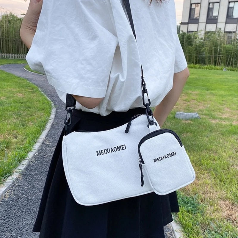 Women's Canvas Shoulder Bags with Mini Purse Pendant, Crossbody Bags 2pcs Set