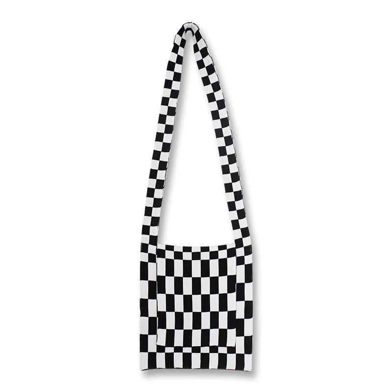 Retro Crochet Plaid Side Sling Shoulder Bag Y2K Soft Knitted Flap Crossbody