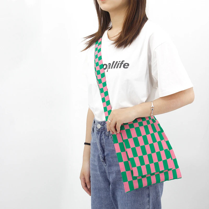 Retro Crochet Plaid Side Sling Shoulder Bag Y2K Soft Knitted Flap Crossbody