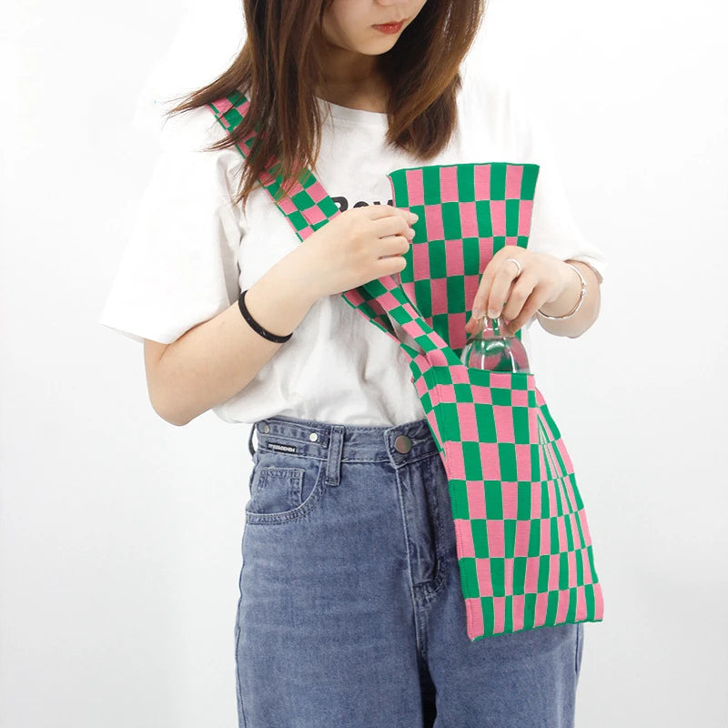 Retro Crochet Plaid Side Sling Shoulder Bag Y2K Soft Knitted Flap Crossbody