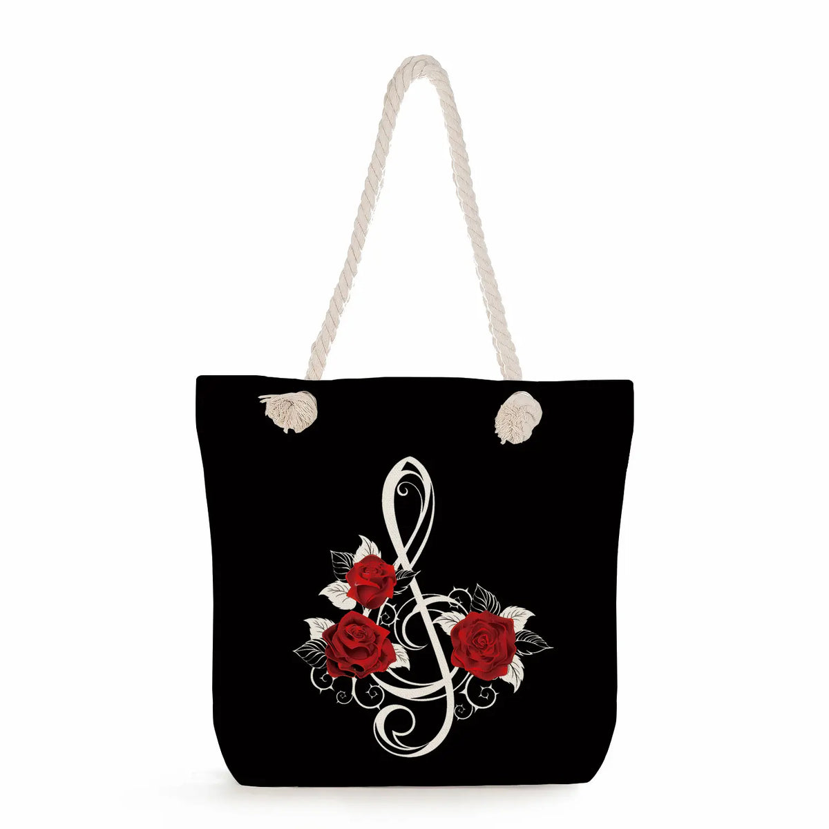 Floral Note Print Women Beach Bag Red Rose Tote Bag