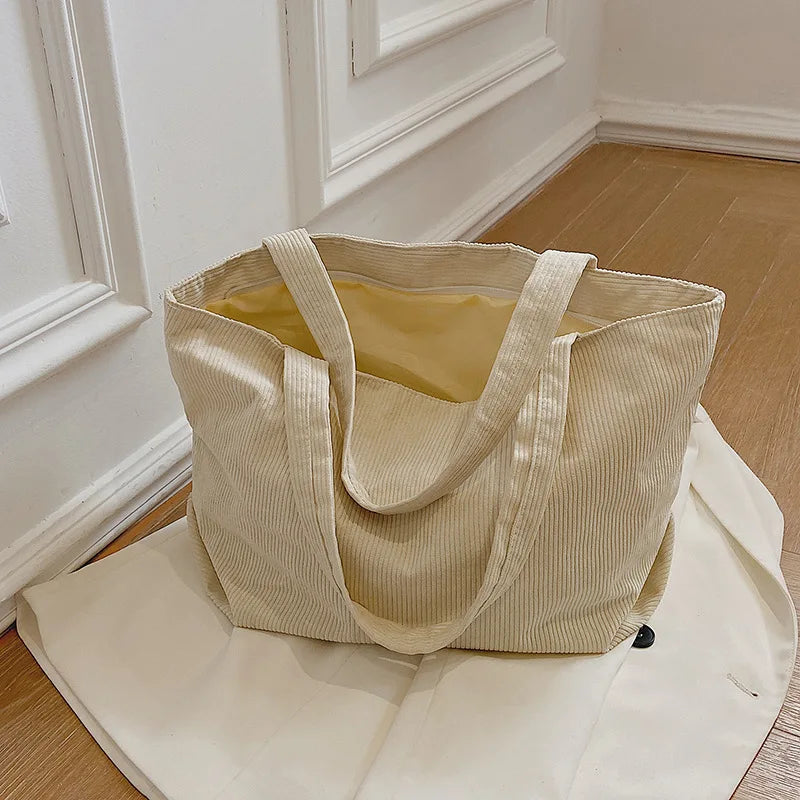 Women Corduroy Tote Bag Winter Shoulder Handbag Zipper Large Capacity