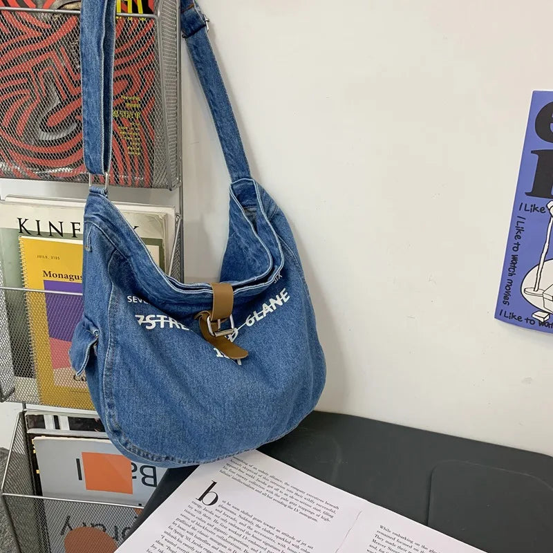 Women's Denim Fabric Hobo Shoulder Bag Slouchy Jeans Soft Medium Size