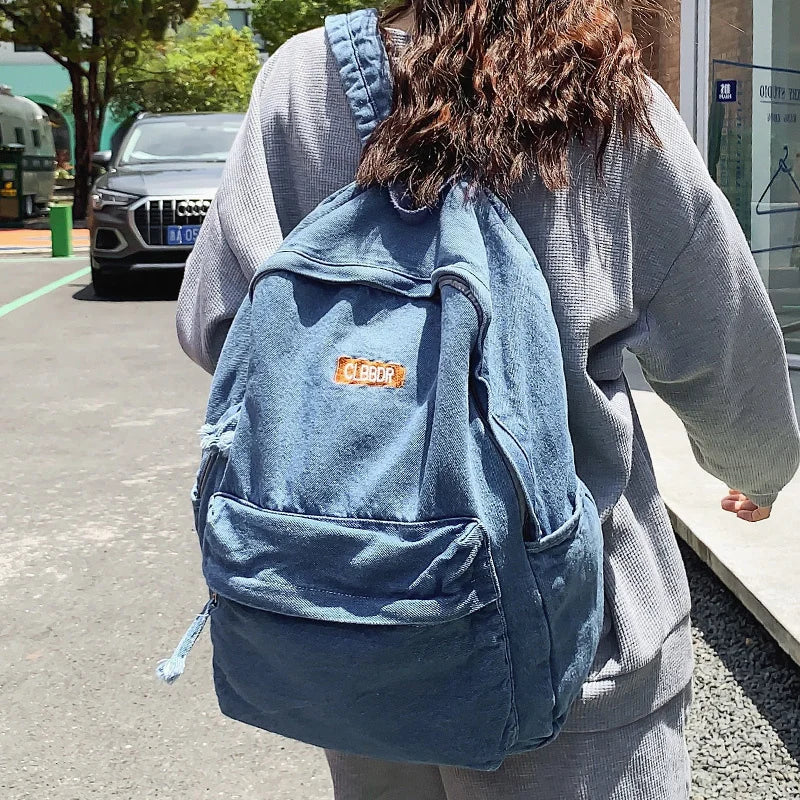 Female Denim Vintage College Backpack Student Girl Laptop School Bag