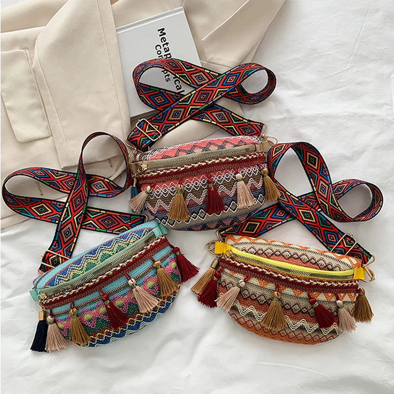 Ethnic Waist Bag Adjustable Strap Fanny Pack with Fringe