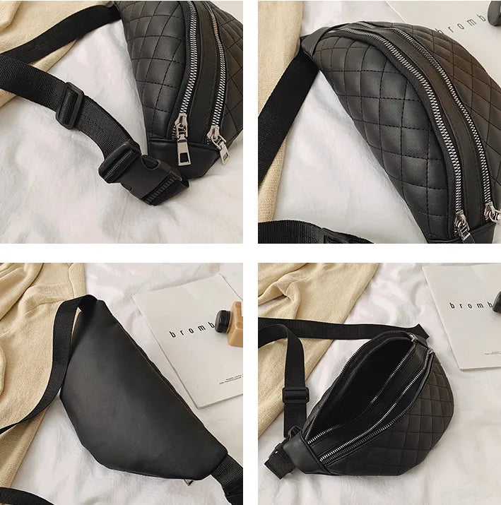 Female Fanny Pack PU Leather Belt Bags Banana Plaid Crossbody Bum Bags