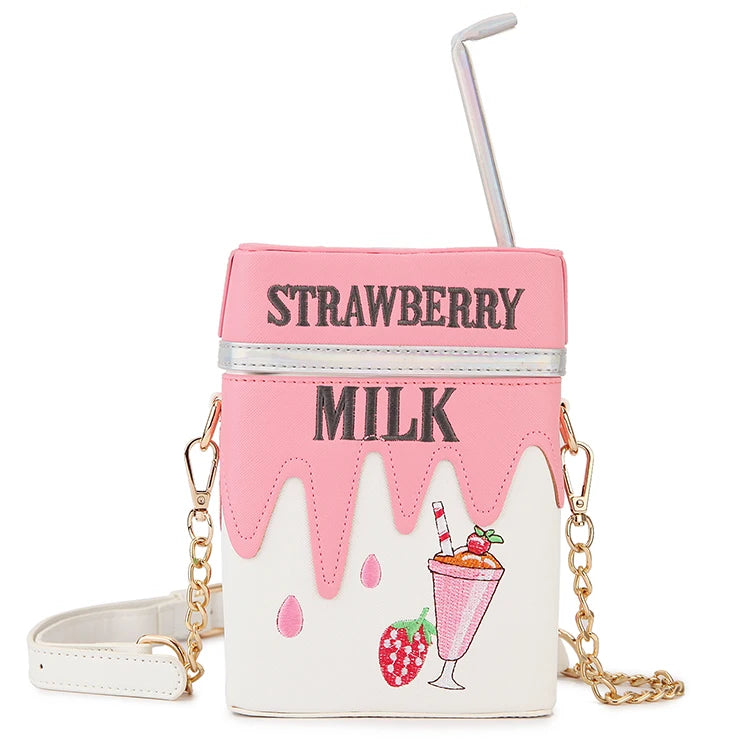 Strawberry Milk Box Chain Shoulder Bag Women Purses Handbags