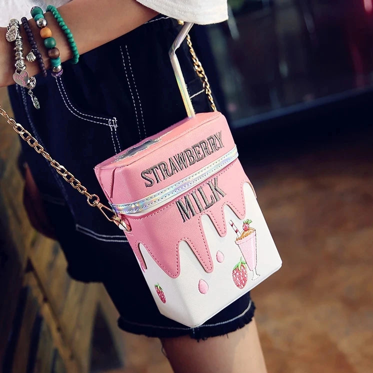 Strawberry Milk Box Chain Shoulder Bag Women Purses Handbags