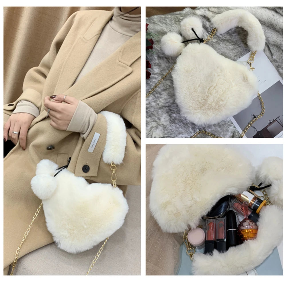 Female Fluffy 3D Love Heart Tote Bag Winter Fluffy Faux Fur Handbags