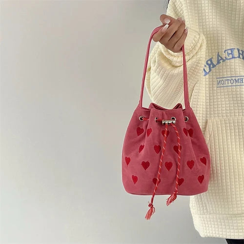 Embroidered Girls Drawstring Messenger Bag Plaid Bucket Shoulder Purse