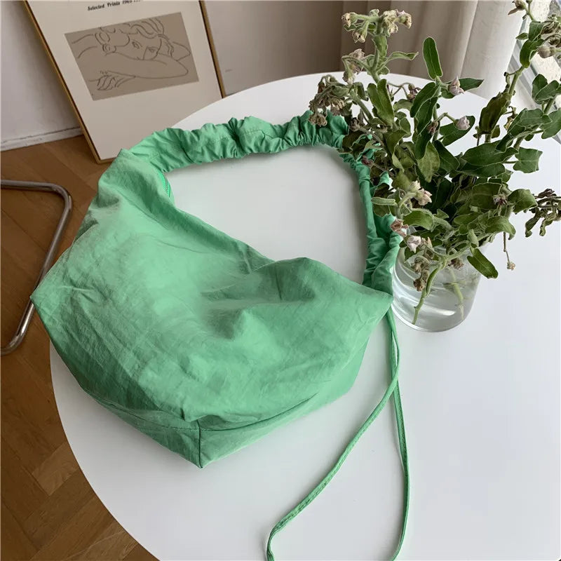 Women's Nylon Shoulder Bag Pleated Handbag with Zipper