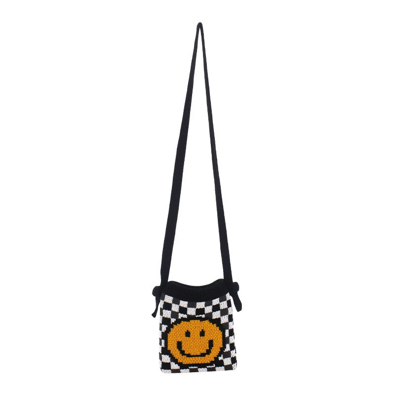 Vintage Knitted Chequer Plaid Smiley Face Pouch Bag