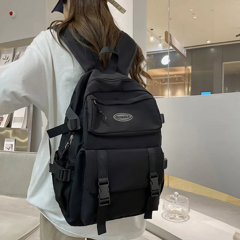 Female Buckle Travel Backpack Solid Waterproof Nylon School Bag