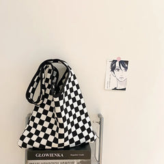 Vintage Chessboard Plaid Woolen Handbag Lady Strips Big Capacity Shoulder Bag