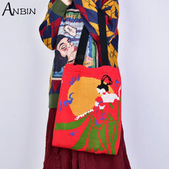 Knitting Shoulder Bags Women Casual Chinese Style Crochet Woolen Shopper Top-han