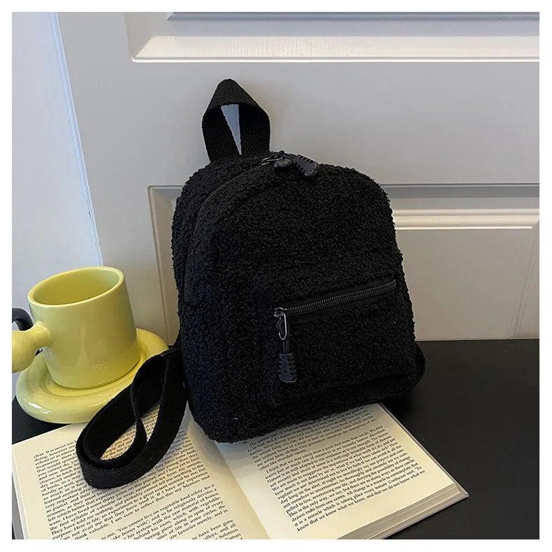 Female Preppy Style Casual Rucksack Lamb Wool Backpack