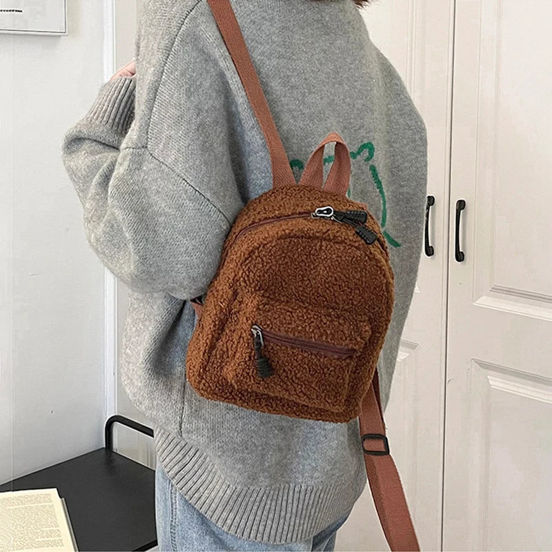 Female Preppy Style Casual Rucksack Lamb Wool Backpack