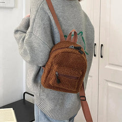 Female Preppy Style Casual Rucksack Lamb Wool Backpack