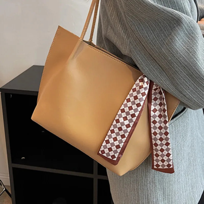 Female Soft Leather Tote Bag with Silk Scarf Shoulder Bag