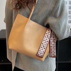 Female Soft Leather Tote Bag with Silk Scarf Shoulder Bag