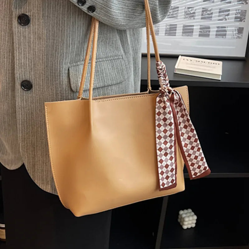 Female Soft Leather Tote Bag with Silk Scarf Shoulder Bag