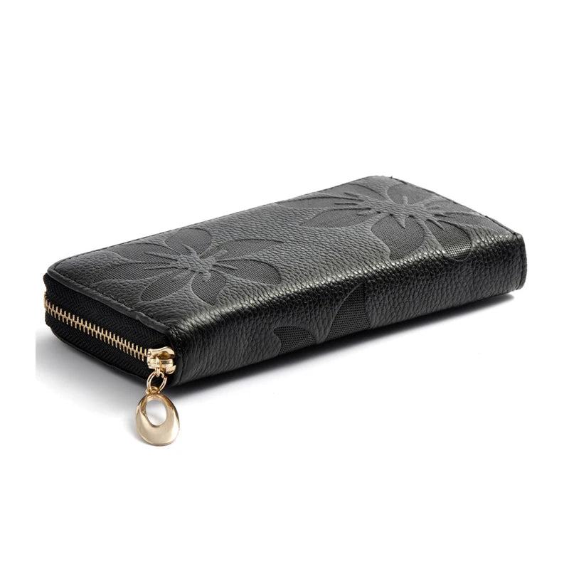 Women Leather Wallet Zip Flower Lady Long Purse Handbag
