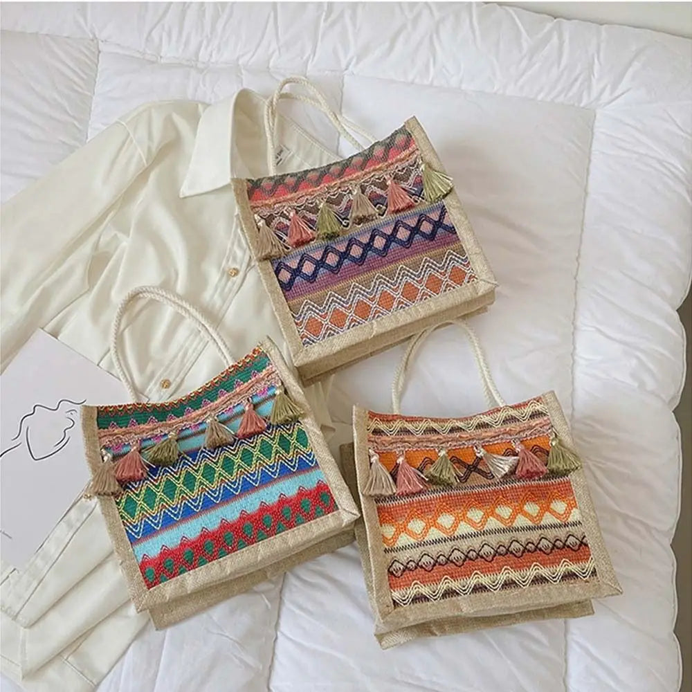 Female Retro Ethnic Shoulder Bag Linen Tassels Tote Handbag