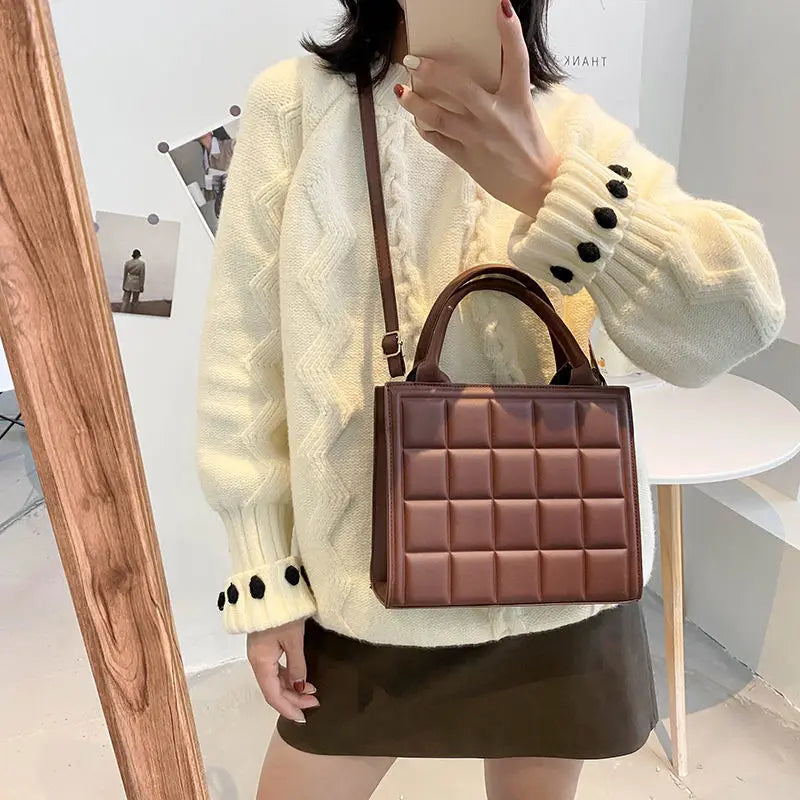 Female Retro PU Leather Zipper Lattice Shoulder Bag