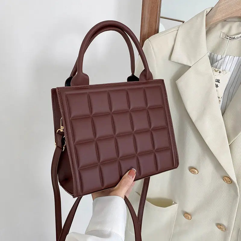 Female Retro PU Leather Zipper Lattice Shoulder Bag