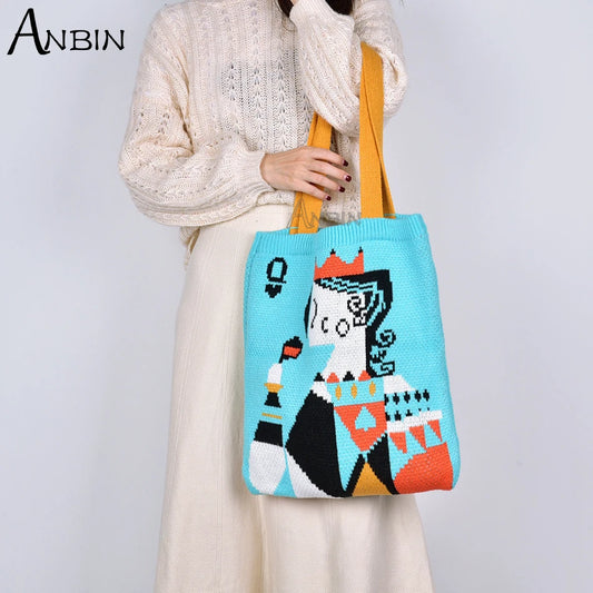 Female Woolen Crochet Shoulder Bag Vintage Handbag Tote