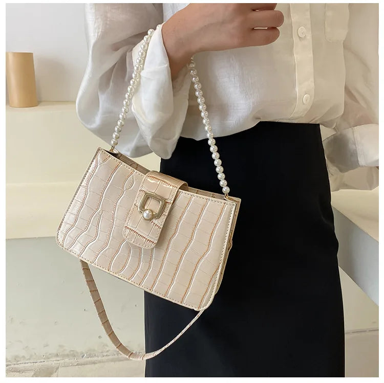 Women's Pearl Handbag Tote Bag, White/Khaki