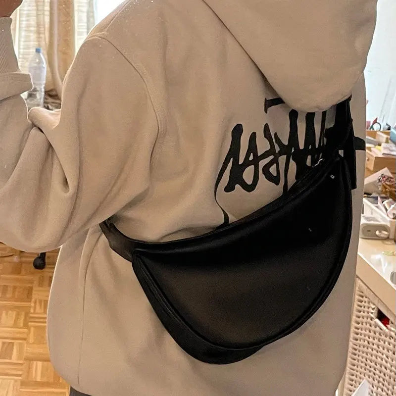 Small Leather Shoulder Bag for Woman Half-Moon Chest Bag Zipper Closure