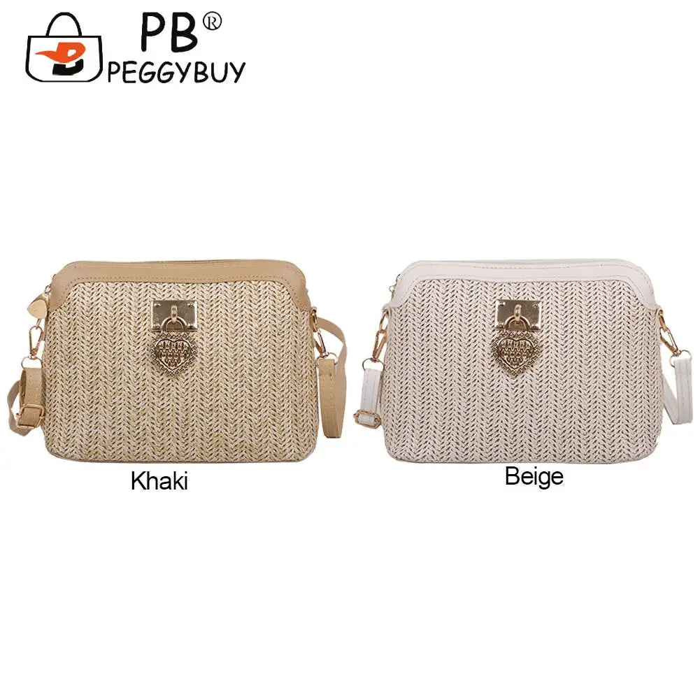 Women Summer Woven Shoulder Bag Love Heart Crossbody Messenger Bag