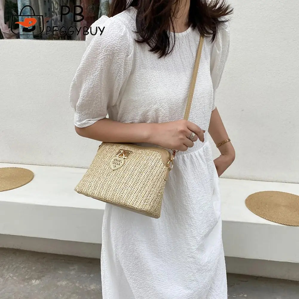 Women Summer Woven Shoulder Bag Love Heart Crossbody Messenger Bag