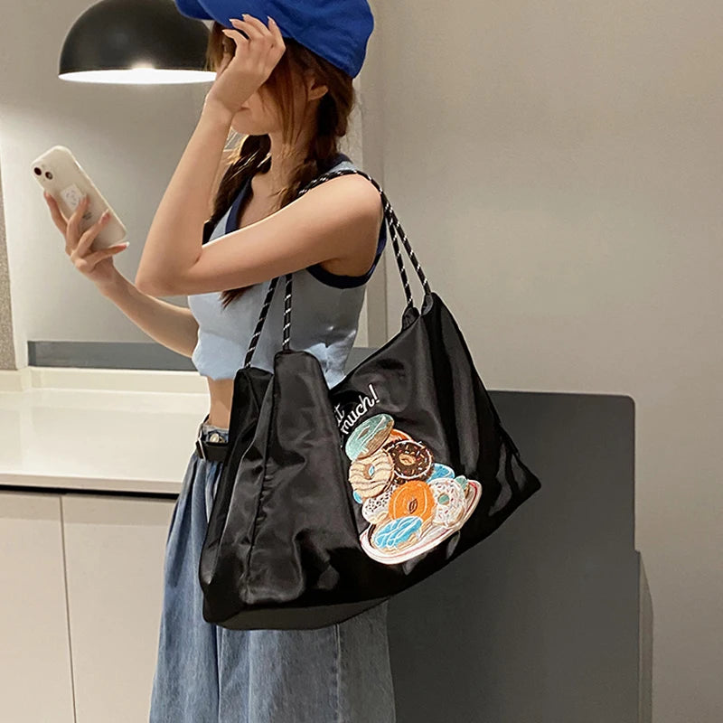 Embroidered Nylon Tote Bags for Women - Pink Shoulder Hand Bag