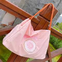 Embroidered Nylon Tote Bags for Women - Pink Shoulder Hand Bag