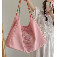 Embroidered Nylon Tote Bags for Women - Pink Shoulder Hand Bag