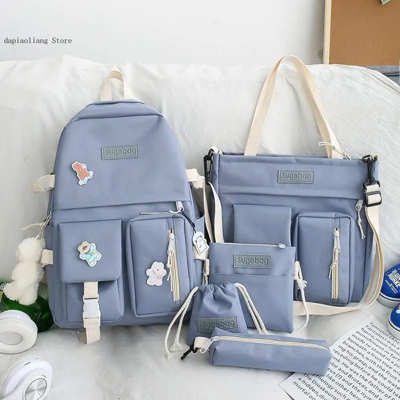 5-Pc Female Travel Backpack Set for Teen Girls Women School Laptop Shoulder Bags