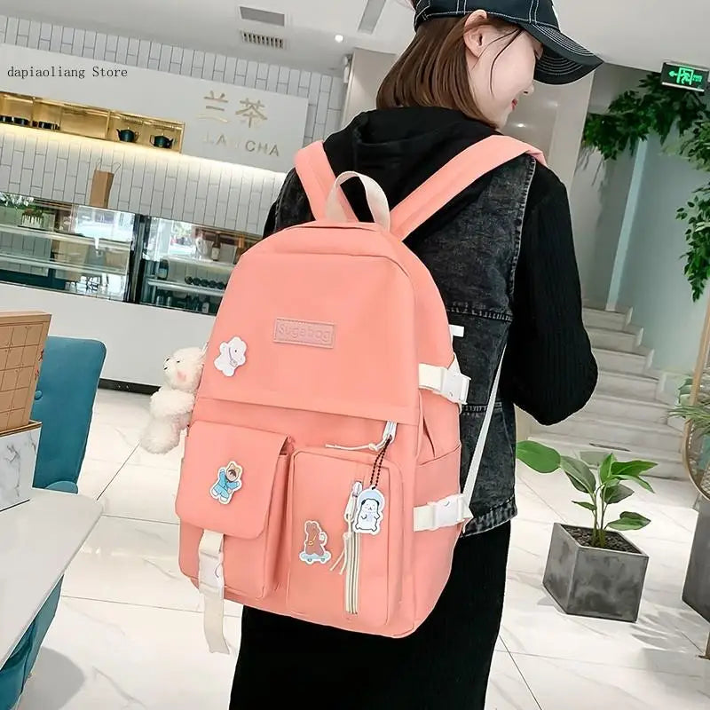 5-Pc Female Travel Backpack Set for Teen Girls Women School Laptop Shoulder Bags