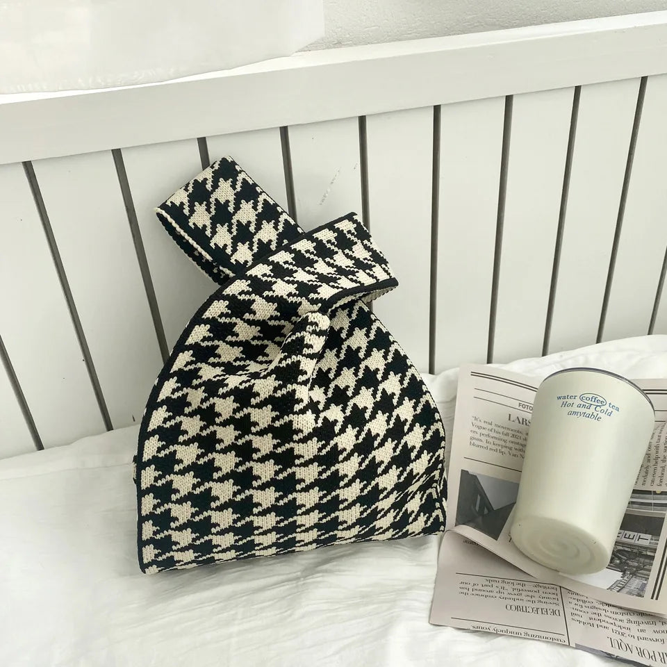 Vintage Houndstooth Crochet Knitted Japanese Knot Bag 90s Y2K