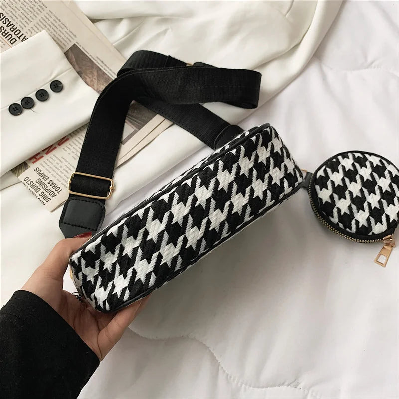 Vintage Plaid Underarm Crossbody Bag with Round Purse Pendant